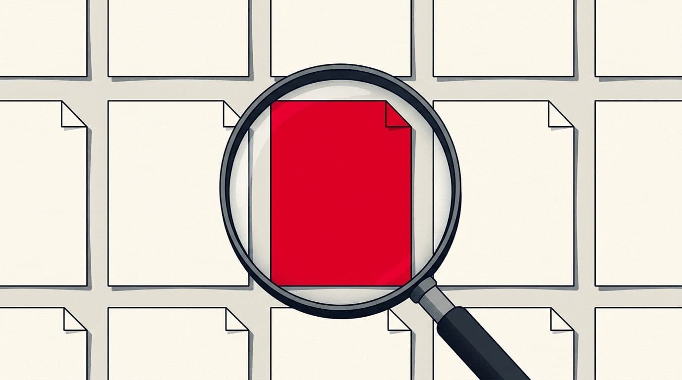 Illustratie van een vergrootglas boven een raster van documenten; het blad onder de lens is rood.