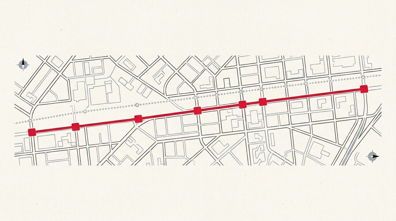 Illustratie van een schematische plattegrond met een grijze gestippelde route en daarnaast een nieuwe rode route.