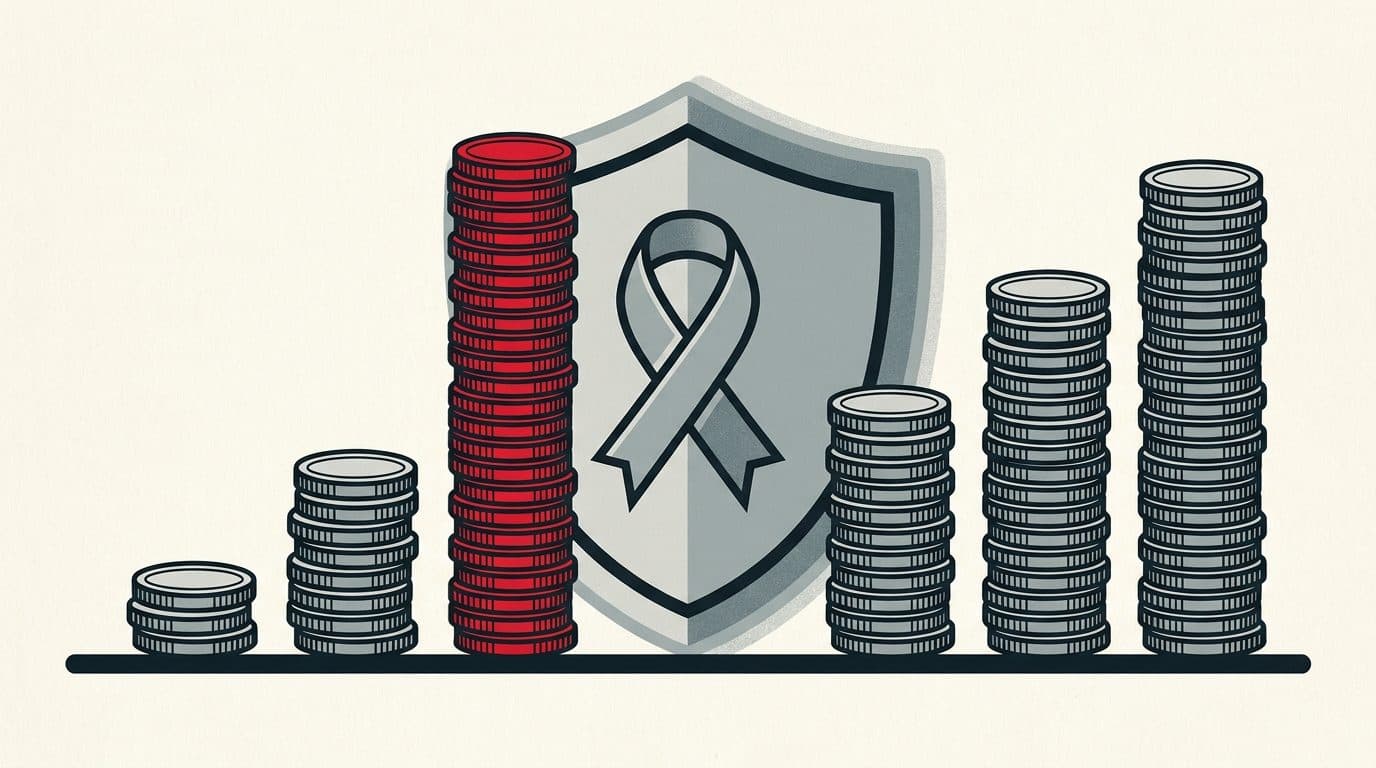 Illustratie van oplopende muntstapels op één basislijn voor een schildvorm; de hoogste stapel is rood.