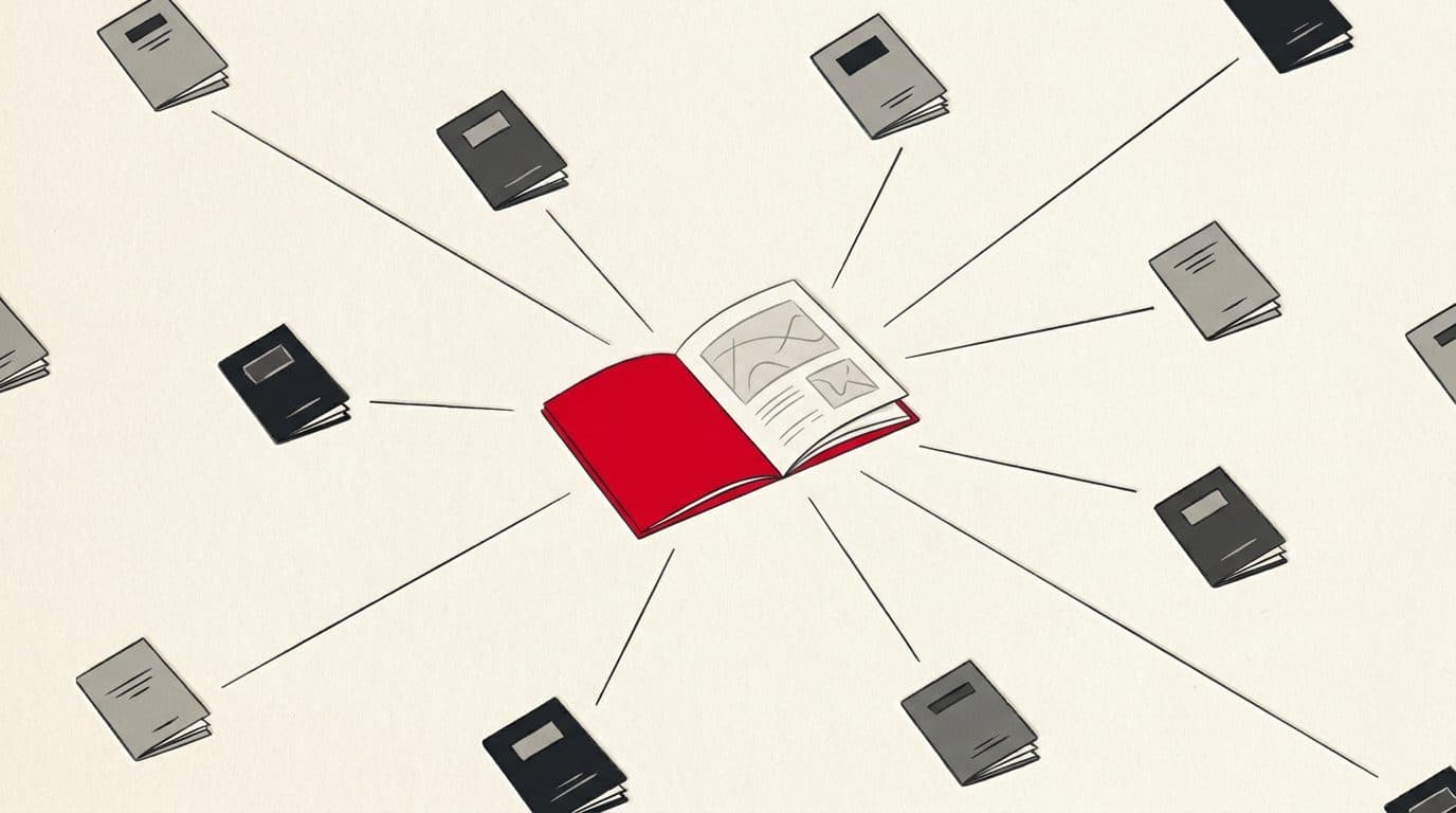 Illustratie van kleine boekjes die met lijnen verbonden zijn aan één groter opengeslagen boek met rode kaft.
