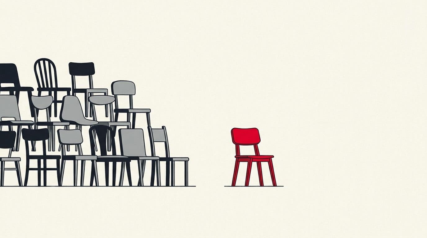 Illustratie van dicht opeenstaande stoelen met daarnaast een grote lege ruimte en één losstaande rode stoel.