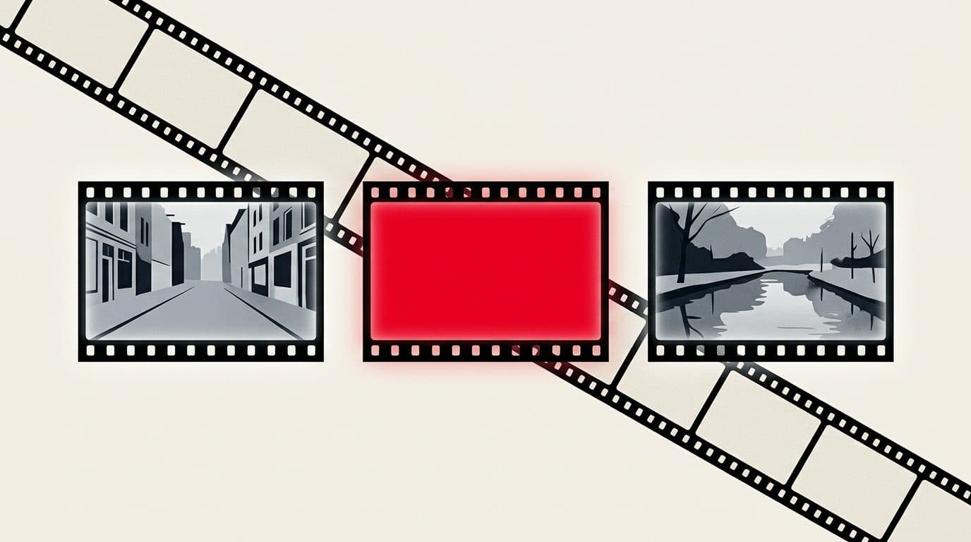 Illustratie van een filmstrip waarin drie beeldjes zijn uitvergroot tot bioscoopschermen; het middelste scherm is rood.